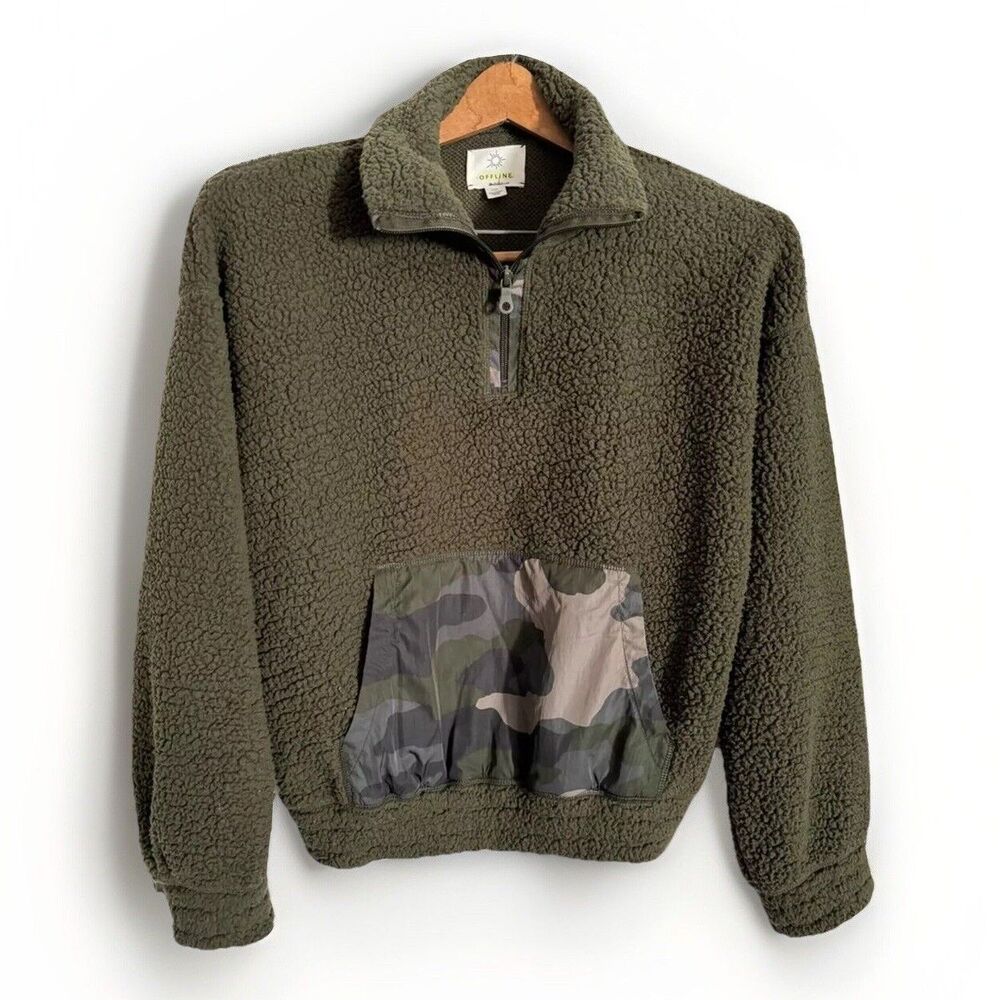Aerie Fleece Pullover Quarter Zip Sweatshirt Olive Green Camo Womens Size Small